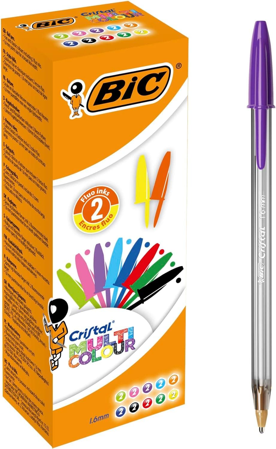 BIC Cristal Multicolour Stylos-Bille Pointe Large (1,6 mm) - Écriture Vive et Colorée - Couleurs Assorties, Boîte de 20