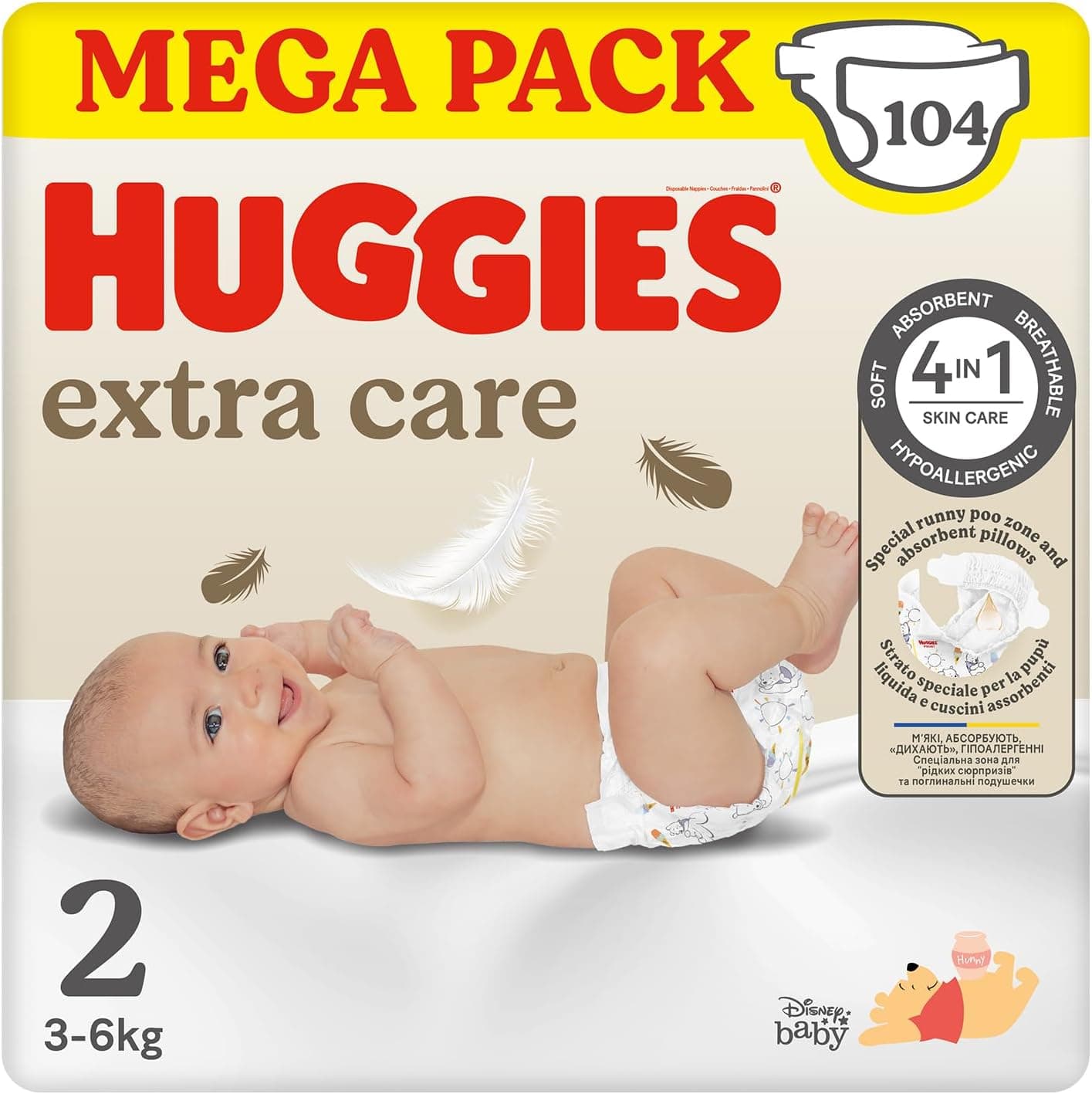 Huggies Extra Care Bébé Couches Taille 2 (3-6Kg), Ultra absorbantes, Design Disney, Pack Mega, 104 pièces