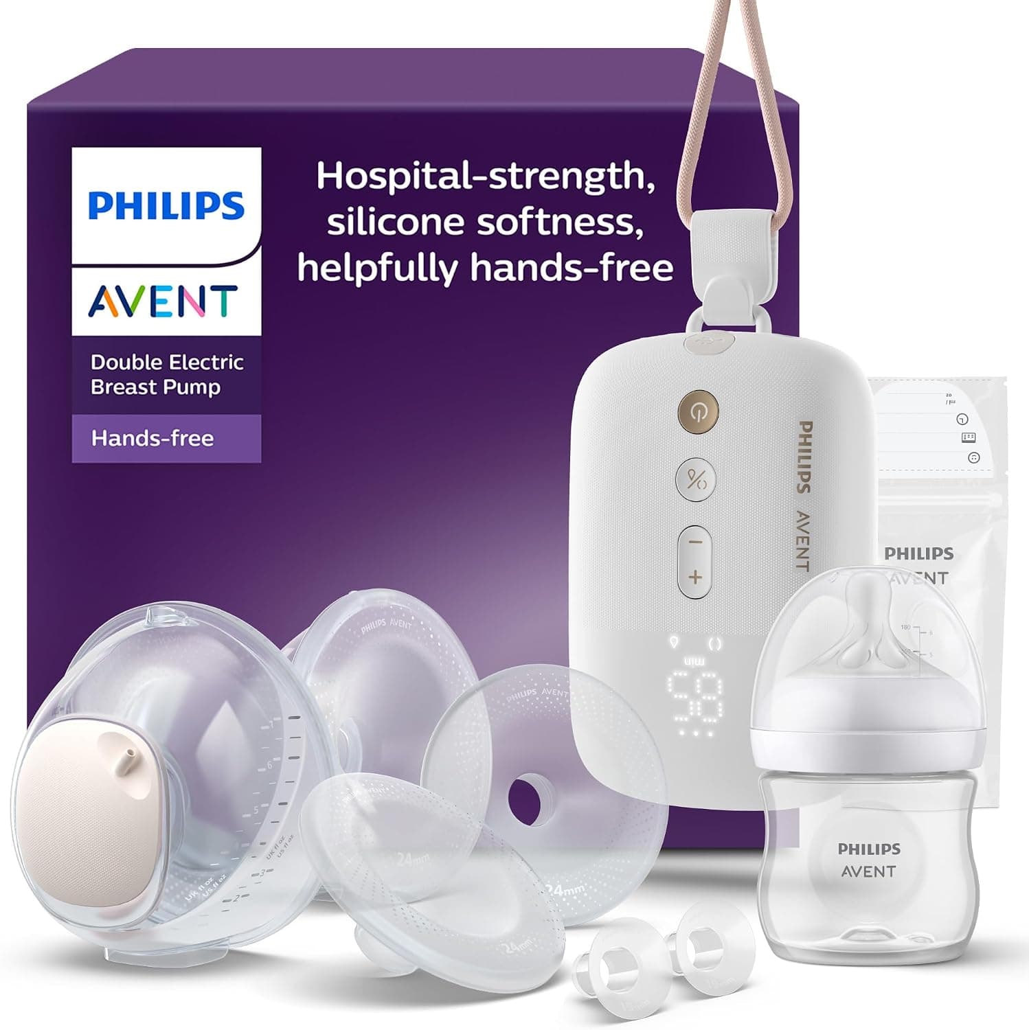 Philips Avent - Tire-lait électrique double mains libres, moteur de qualité hospitalière, imite le rythme de succion de bébé, jusqu'à 85 aspirations par min, 2 bouteilles, 4 téterelles, SCF547/11