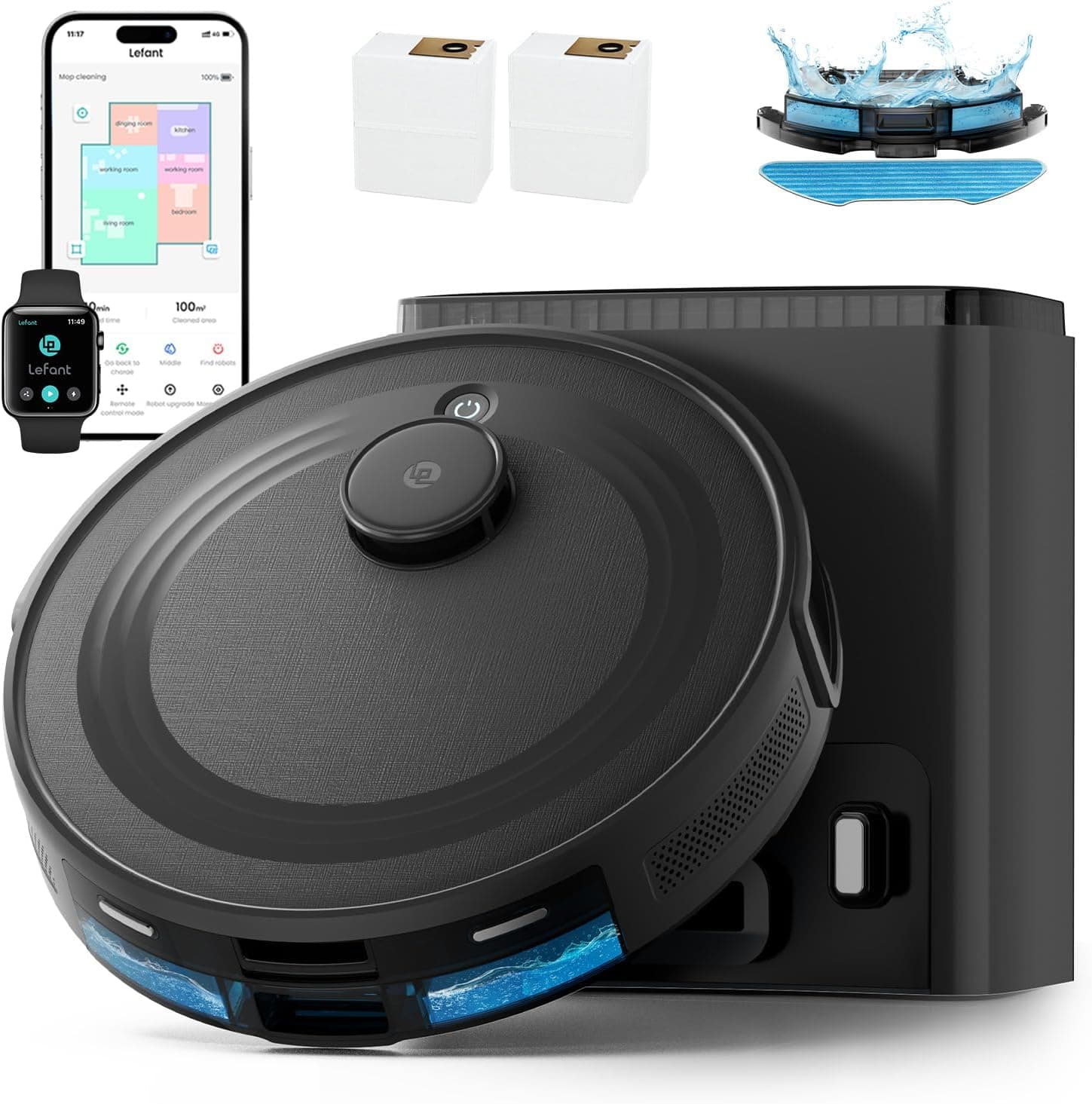 Lefant M2 Plus Aspirateur Robot Laveur avec Station 6000Pa Vidage Automatique Poussière,Navigation Laser Cartographie,Évitement d'obstacles PSD,Idéal pour Poils d'animaux/Tapis, WiFi/App/Alexa, Noir