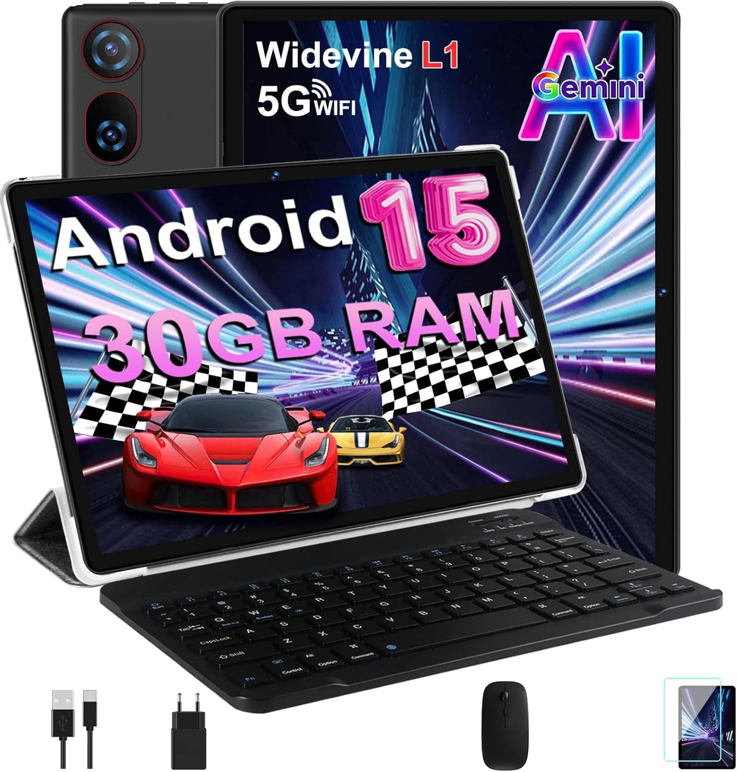 Tablette 10 Pouces Android 15 Avec 30 Go RAM + 2 To ROM Ext, Widevine L1 | FHD Tablette Tactile Avec Clavier et Souris, 8 Cœurs, 6000mAh, 5G Wi-Fi, GPS, USB-C, BT 5.0, Gemini AI, Noir