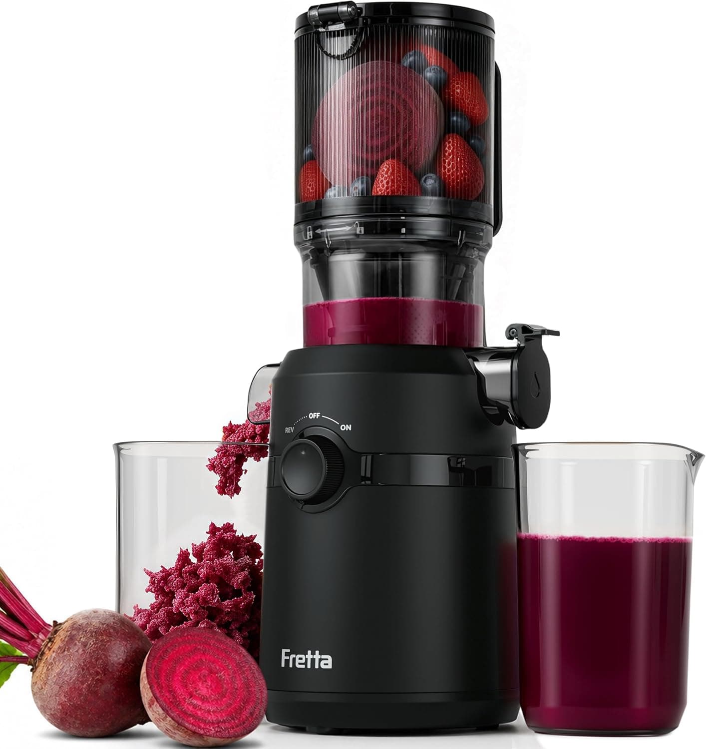 Extracteur de Jus, Fretta Extracteur de Jus de Fruits et Légumes Entiers, Grande Ouverture de 108mm Slow Juicer, 1L Capacité, Pression à Froid, Facile à Nettoyer, Sans BPA, 200W(Noir Rétro)