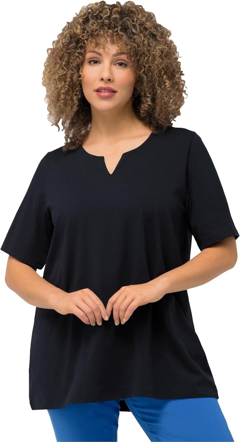 Ulla Popken Femme Grandes Tailles T-Shirt Manches Courtes et col Tunisien, Coupe évasée 807259