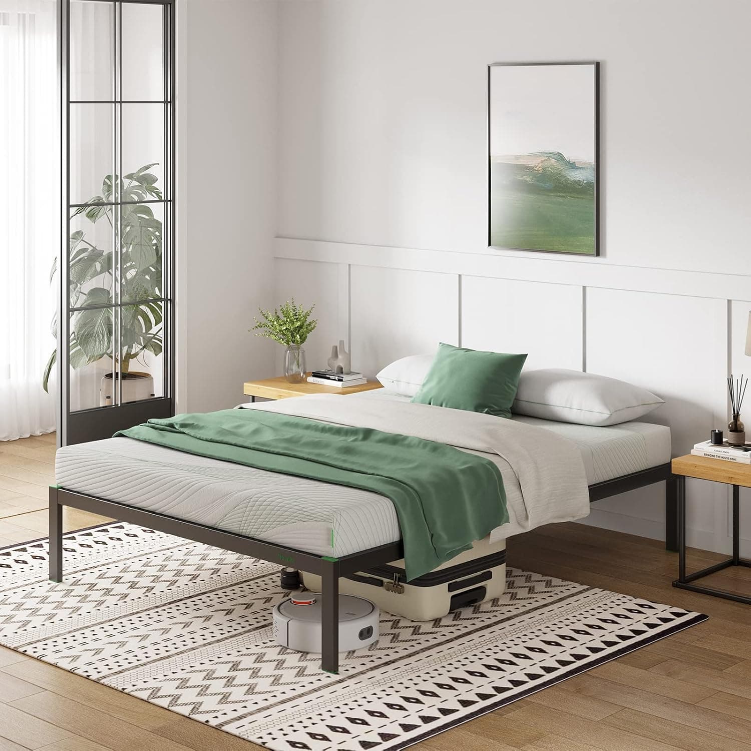 Novilla Cadre de lit Plateforme en métal 30cm, Sommier, avec 5 Pieds Hauts, Rangement sous Le lit, Support à Lattes en Bois,Assemblage Facile,120 x 190 cm, Noir