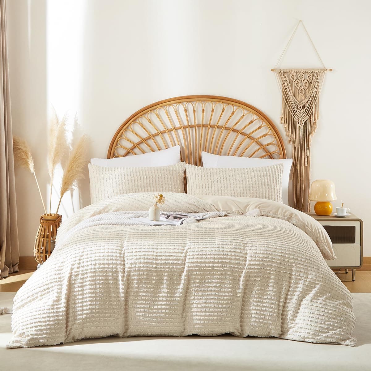 Housse de Couette 140x200 cm Beige Rayée Tuftée Broderie Bohème Parure de Lit 1 Personne Adulte Ado Shabby Chic Microfibre Linge de lit Avez Fermeture Éclair et 1 Taie d'oreiller 65x65cm