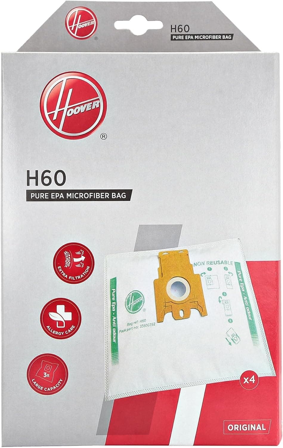 Hoover H60 Sacs d’Origine en Microfibre Pure EPA Anti-Odeur, 4 Pièces | Original Hoover, Brosse Combinée Tapis/Sols avec Sélecteur, Roulettes Fluides, Raccord de Tube 32 mm, Anthracite