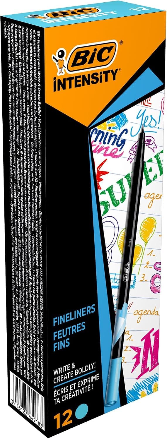 BIC Intensity Stylo Feutre d'écriture Pointe Fine et Corps Noir Verni - Bleu ciel, Boîte de 12