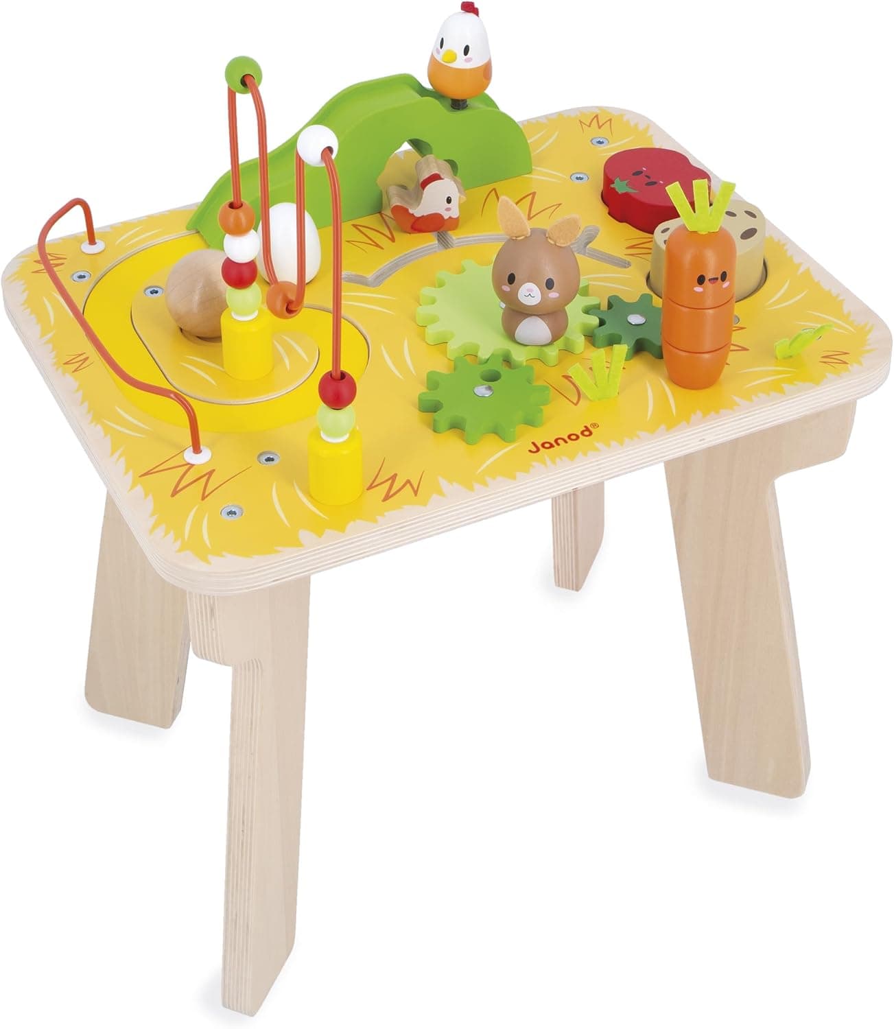 Janod - Table d'Activités en Bois Thème Ferme - 8 Activités pour Enfants - Hauteur Plateau 32cm - Jouet d'Éveil - Développement Motricité Fine - Table en Bois FSC - Dès 12 Mois, J03321