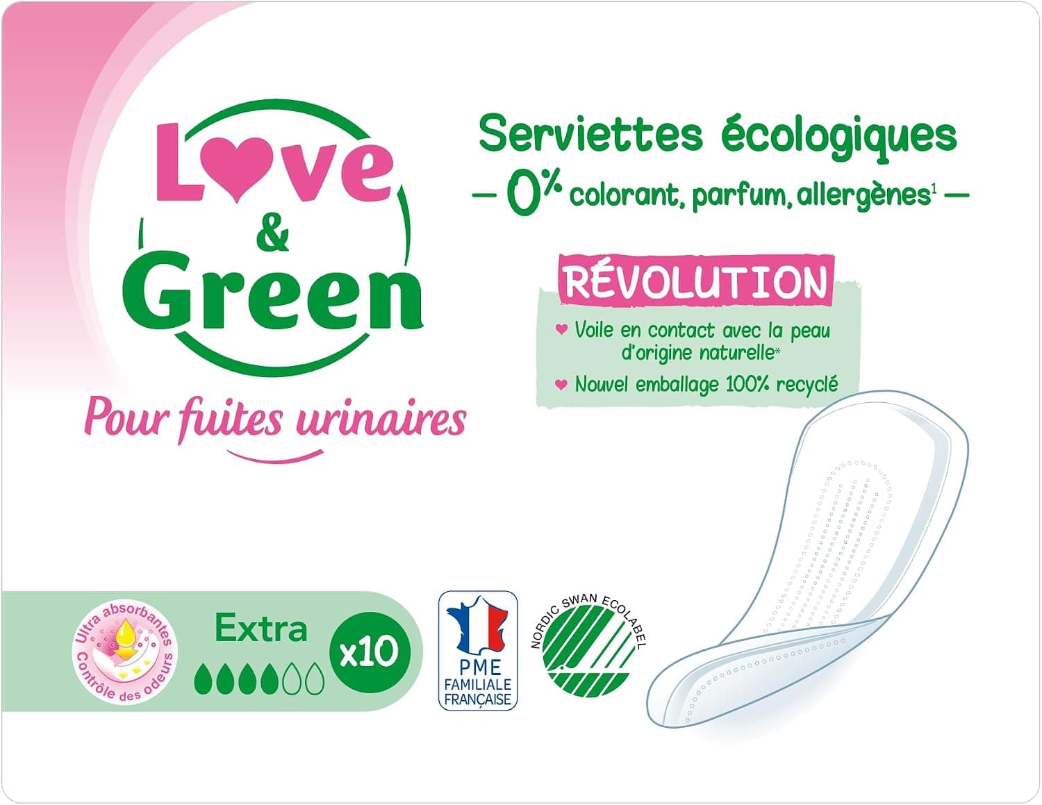 Love & Green - Serviettes IncontinenceFuites urinaires - Protections absorbantes pour fuites urinaires légères à modérées - EXTRASUPER - Lot de 2 X 10 serviettes (20 unités)