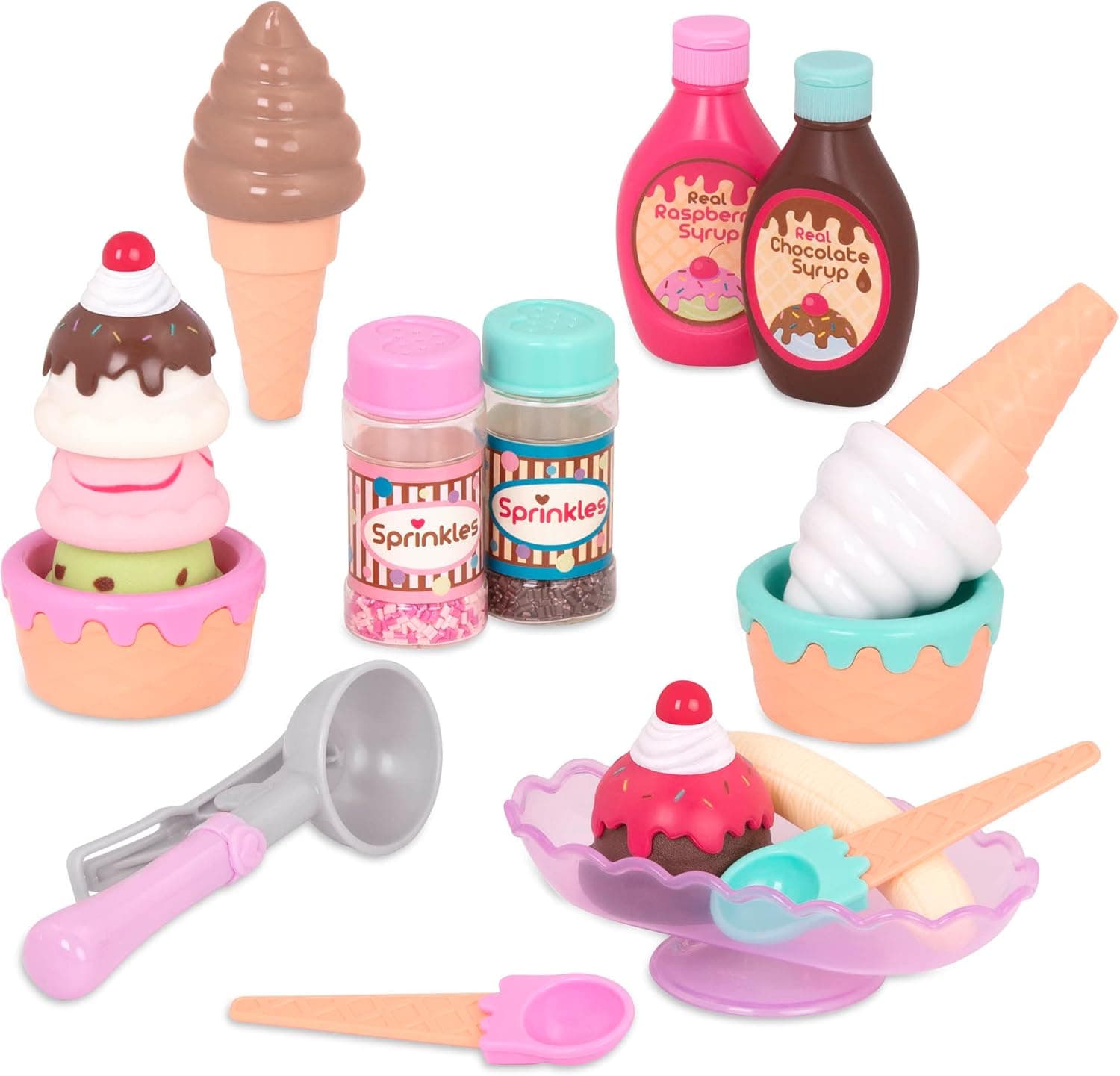 Battat - Ensemble de 21 pièces pour crème glacée - Cones et Boules de crème glacée en Jouet - Sirops et saupoudrages pour Jouets - Jouet d'éveil pour Enfants - 3 Ans et +