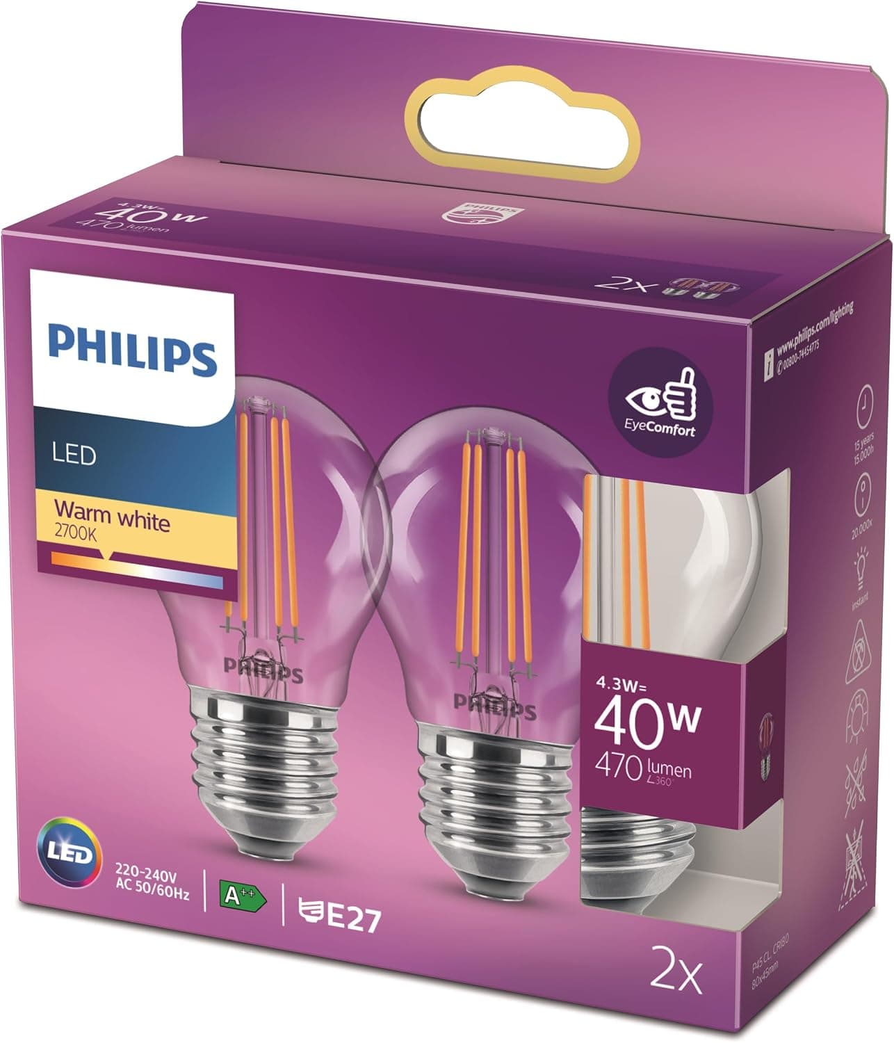 Philips ampoule LED Sphérique E27 40W Blanc Chaud Claire, Verre, Lot de 2