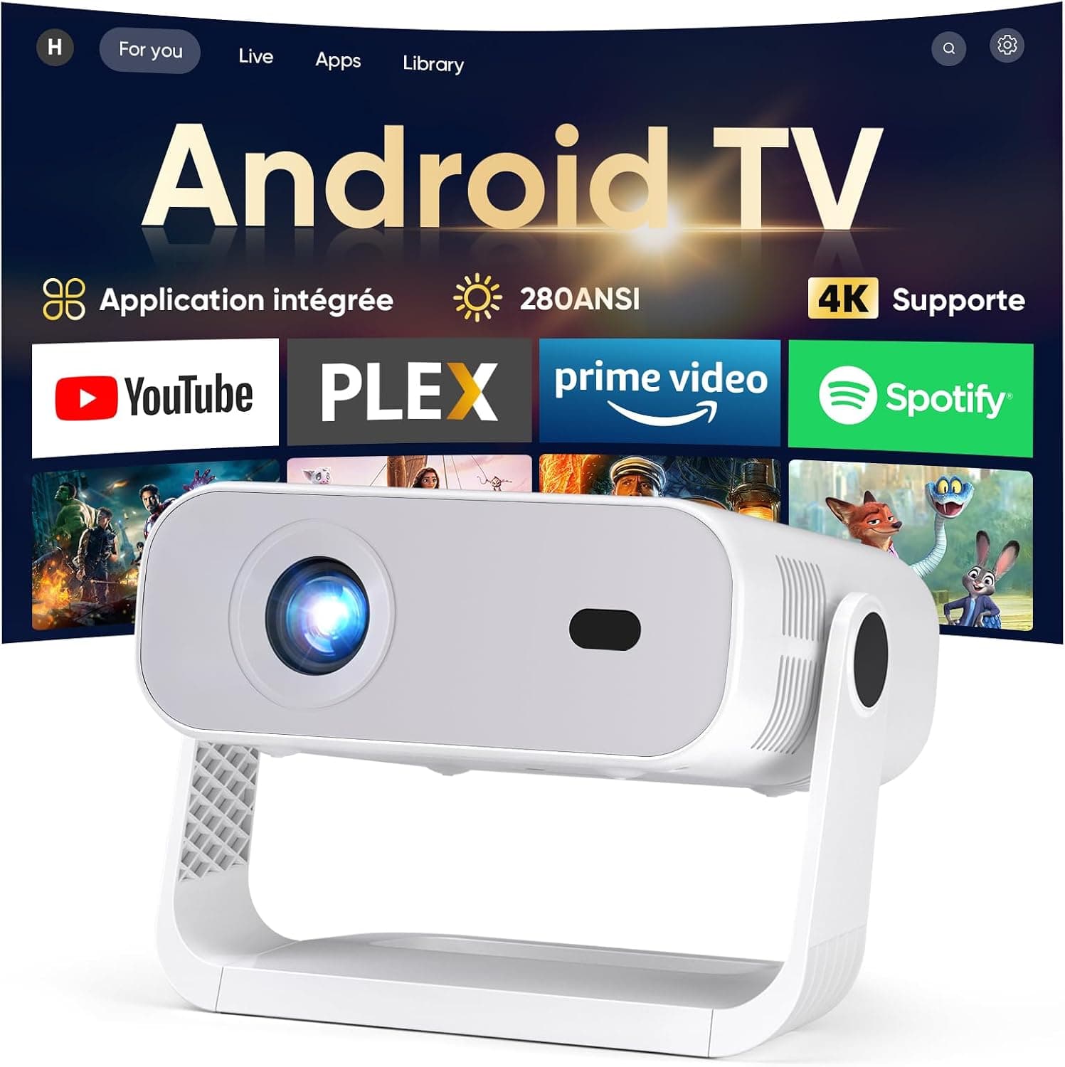 Videoprojecteur Intelligent Applications Intégrées, Rétroprojecteur 1080P Supporte 4K, WiFi 6 Bluetooth 5.2, 280 ANSI, Correction Trapézoïdale Automatique Focus Électronique, pour Android iOS HDMI