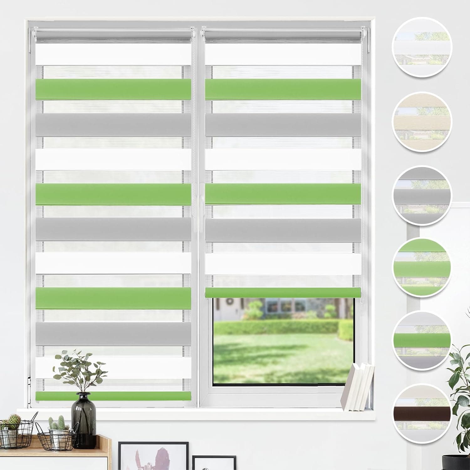 HOMEDEMO Store Enrouleur Jour Nuit sans Perçage, Double Tissu avec Clips, Rideau Occultant pour Fenêtre & Porte, 75l x 120L cm, Largeur du Tissu 75cm, Vert-Gris-Blanc