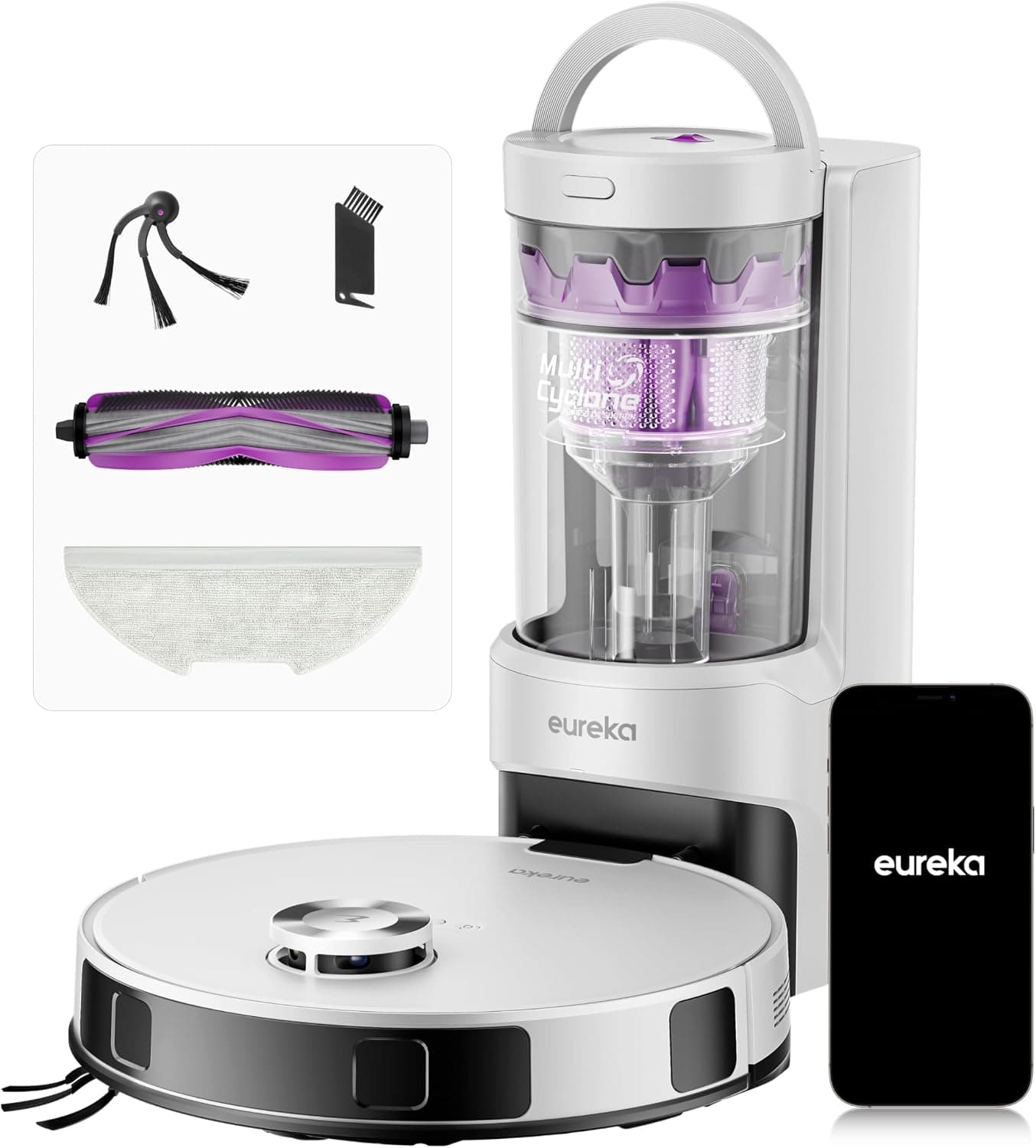 Eureka E20 Evo Plus Robot Aspirateur Laveur avec Station sans Sac Aspiration 10000 Pa Aspirateur Robot Autovidange, Anti Enchevêtrement pour Cheveux Poils d'animaux, Soulèvement de Serpillière 10mm