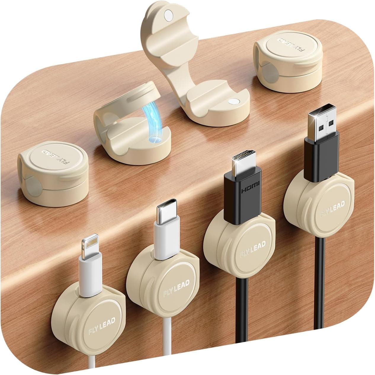 FLYLEAD 8 Pièces Clips Câble en Silicone Organisateur de Câbles Magnétique Auto-adhésif Support de Câbles pour Bureau, Table de Nuit, Câbles de Chargement, HDMI, USB, Audio, Crème
