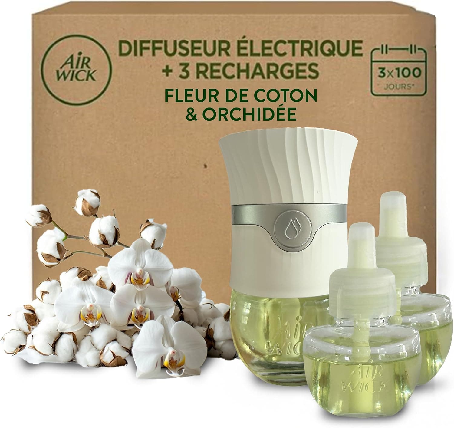 Air Wick Kit Diffuseur électrique + 3 recharges Fleur de Coton et Orchidée 57mL