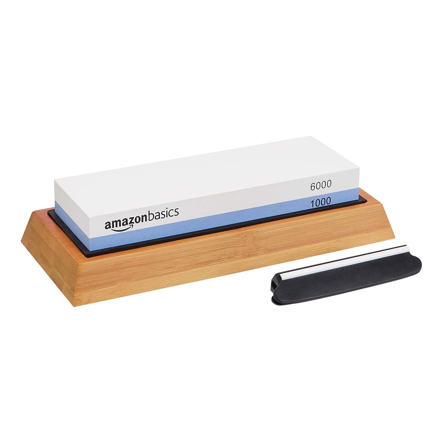 Amazon Basics Pierre à aiguiser pour couteaux, pierre à aiguiser double face à grain 1000/6000 avec base antidérapante en bambou, noir, bleu et blanc, 21,34 x 9,14 x 4,57 cm