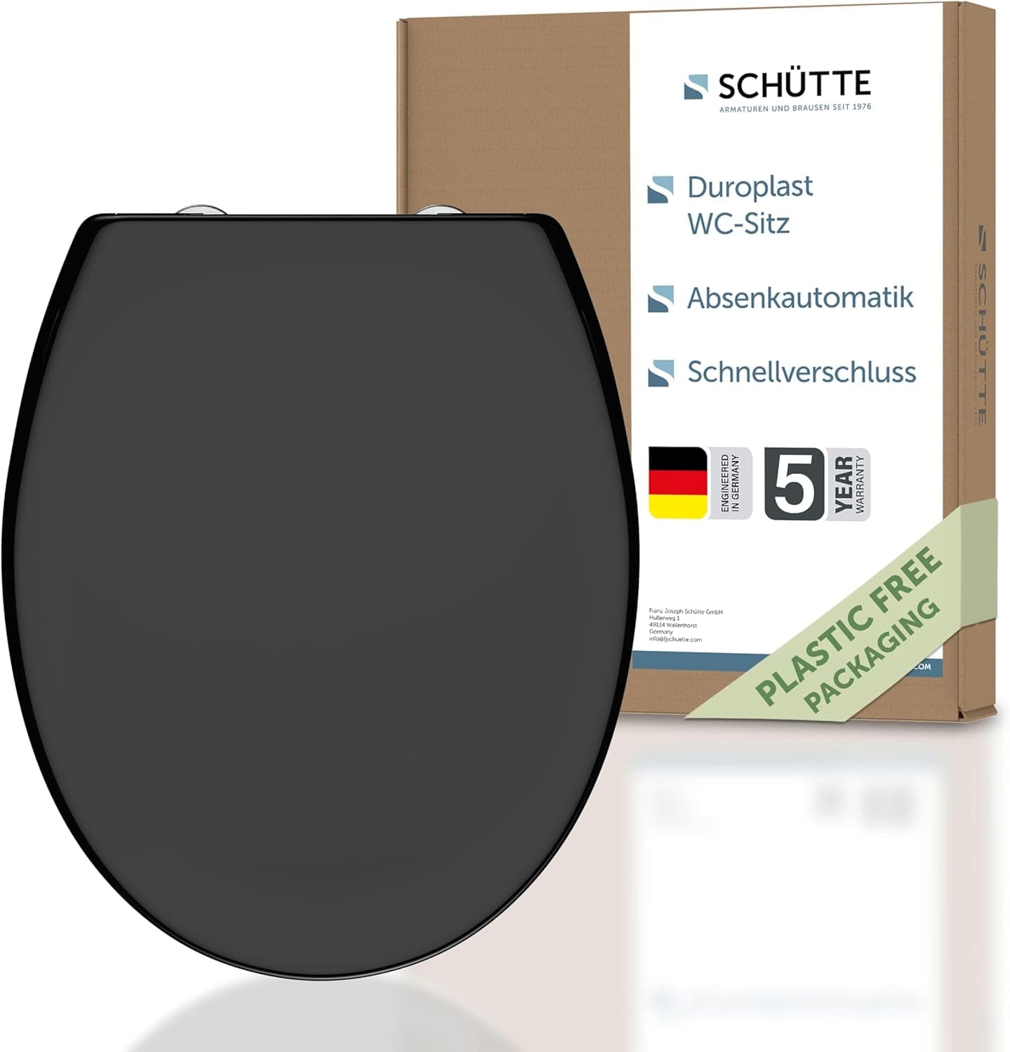 Siège de WC Schütte avec abaissement automatique, couvercle de WC et fermeture rapide pour le nettoyage, couvercle de WC en plastique thermodurci (charge max. de la lunette 250kg) Cuvette de WC, Noir