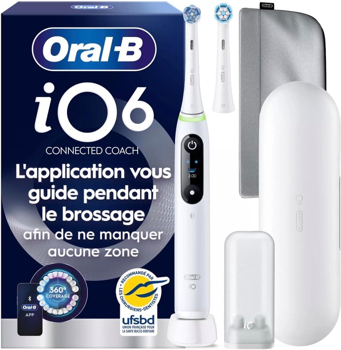 Oral-B iO Series 6 Brosse à dents électrique, 2 brossettes, 1 étui de voyage, 1 sac de rangement magnétique, 1 mini étui de brosses, conçu par Marron, blanc