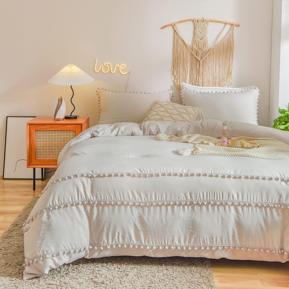 Freyamy Housse de Couette 200x200 Bohème Pompoms Frange Beige Parure de lit