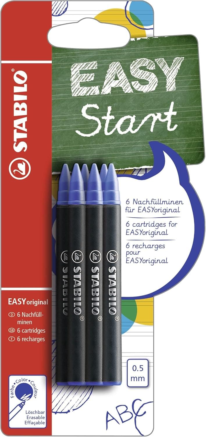 STABILO - EASYoriginal, Recharges pour Stylo Roller Ergonomique, Blister x 6 Recharges, Encre Bleue Effaçable, Pointe 0.5 mm