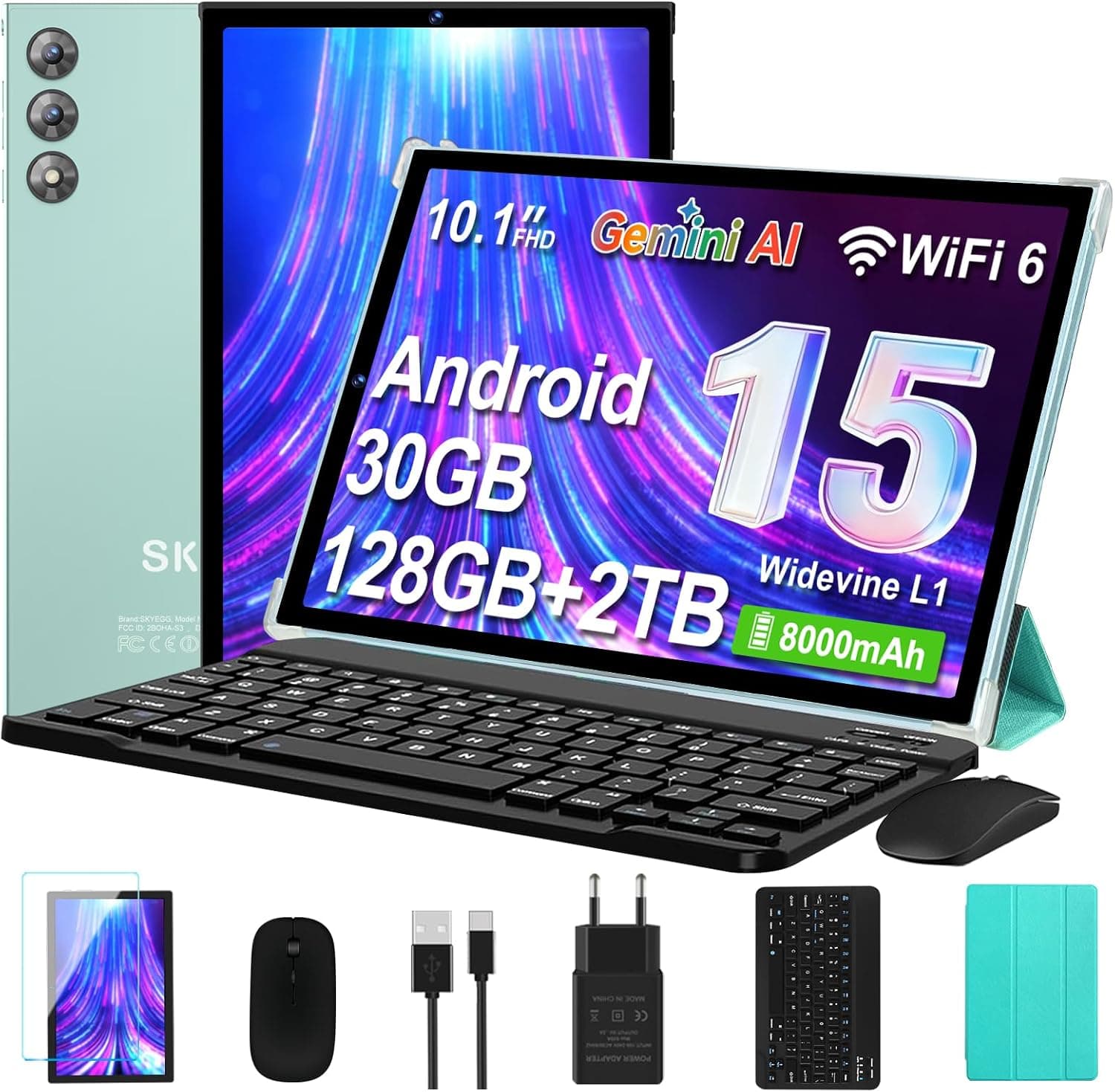 Tablette 10 pouces Android 15 avec Gemini AI, 30 Go RAM+ 128 Go ROM+ 2 To d'extension, WiFi 6, Widevine L1, octa-core, 8000 mAh, BT 5.0, Tablette Tactile avec Clavier et Souris, Corps métallique-Vert | Octa-Core, Extension 2 To, Widevine L1, 8000mAh, WiFi 6, Souris/Étui inclus, corps métallique, BT 5.0, 5/8MP, Écran IPS HD