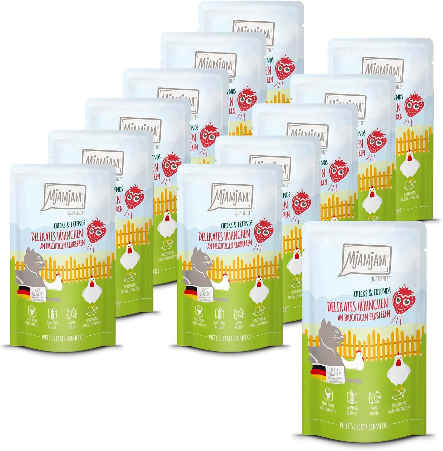 MjAMjAM - Premium Nourriture Humide pour Chats - Quetschie - Chicks & Friends Poulet délicat aux Fraises fruitées, Paquet de 12 (12 x 125g), sans céréales