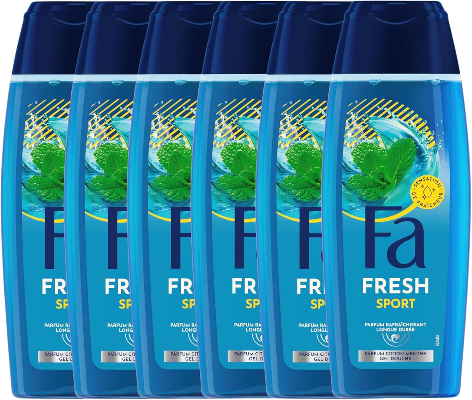 Fa, Gel Douche Homme Parfume Rafraichissant, Fresh, Sport, Sensation de Fraicheur, Parfum Citron Menthe, Parfum frais, Longue duree, Soin du corps formule Vegane, Bouteille de 250 ml, Lot de 6