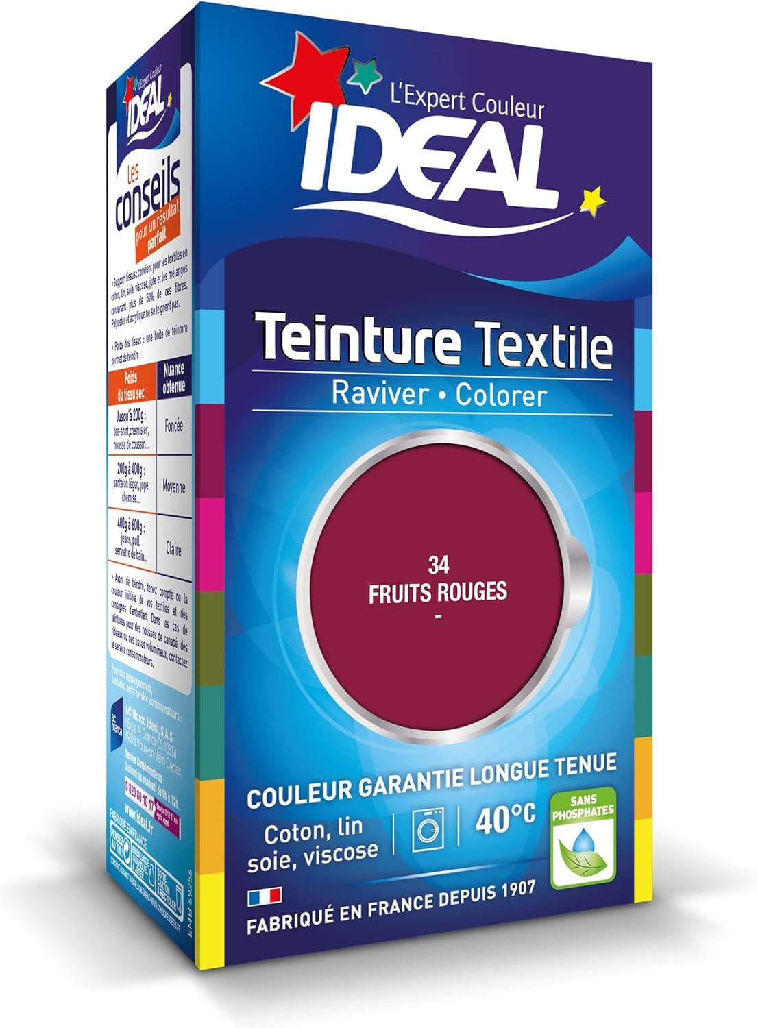 IDEAL - Teinture Tissus Liquide Mini 34 Fruits Rouges - 40 ml + 1 Dose de Fixateur 50 g - Teinture Textile Longue Tenue - Coton, Lin, Soie, Viscose - Efficace dès 40°C - Fabrication Française