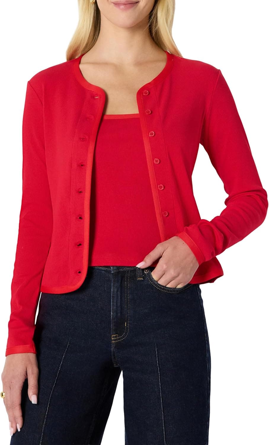 Amazon Essentials Ensemble Cardigan Côtelé à Coupe Ajustée et Caraco avec Bretelles Amovibles Femme
