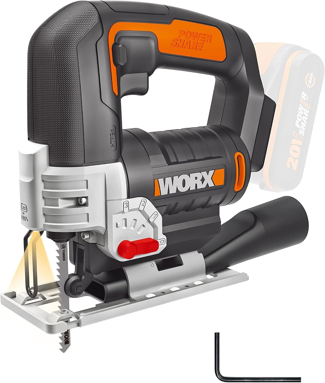 WORX Scie sauteuse sans fil 20V WX543.9 | Coupes biaises jusqu'à 45°, 4 positions pendulaires et compatible PowerShare