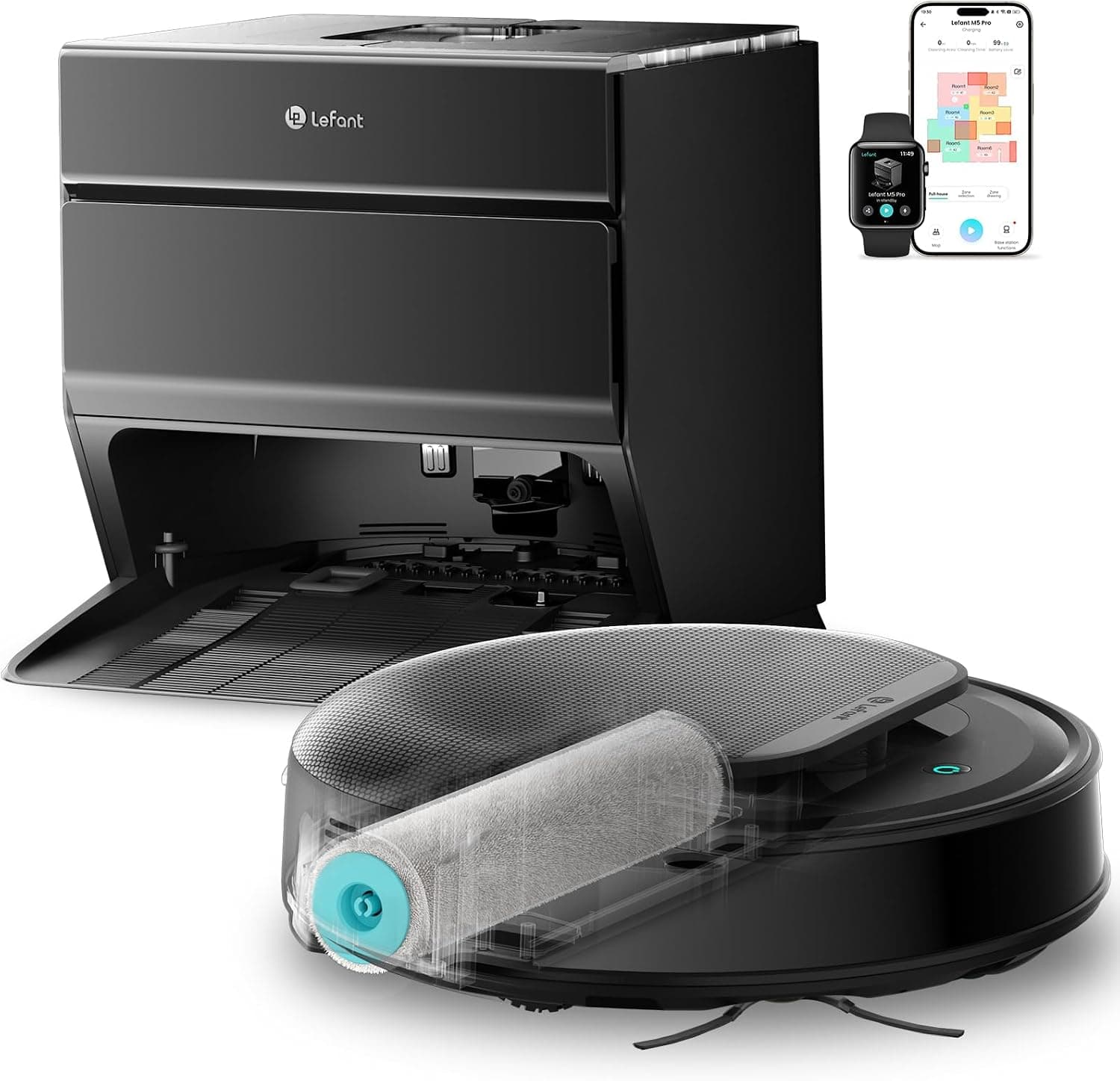 Lefant M5Pro Robot Aspirateur Laveur, 18000 Pa, Nettoyage Automatique instantané avec serpillière à roulettes, 75℃ Lavage de Serpillière à l'eau Chaude, Levage des Serpillières à 8mm, WiFi 5G/2,4G