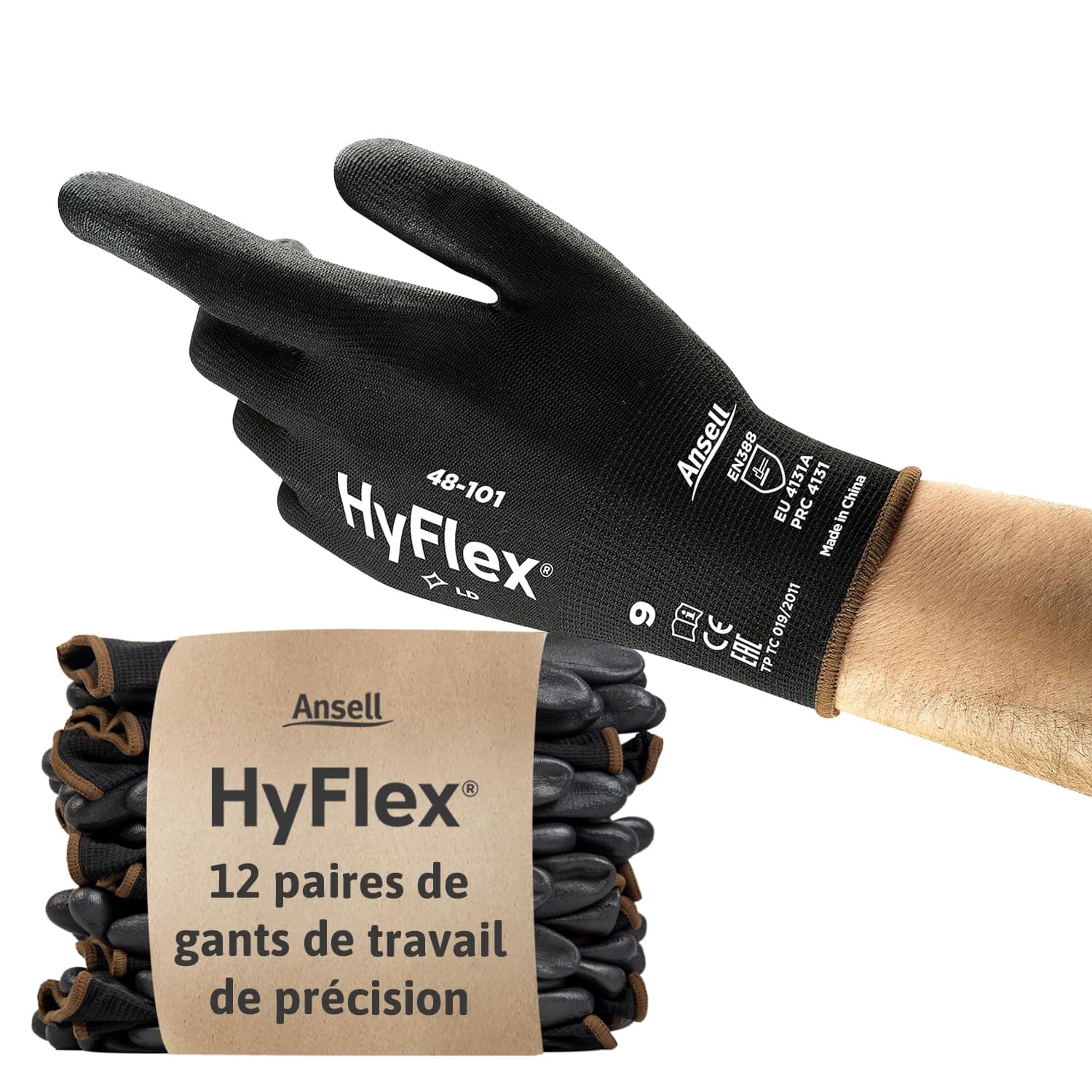 Ansell HyFlex 48-101 Gants de Travail Ultrafins, Nylon Extensible avec Enduction Polyuréthane, Protection Multiusage Haute Précision, Bricolage et Mécanique, Noir, Taille 2XL (12 Paires)