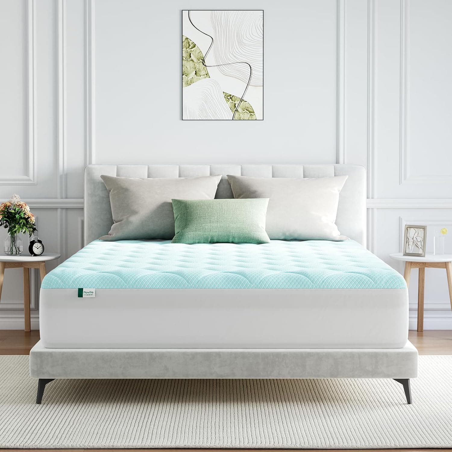 Novilla Surmatelas Rafraîchissant 160x200cm, Tissu Cool Touch, Respirant | Agréable pour la Peau, Bord Élastique 30 cm, Lavable en Machine, Idéal pour les nuits d'été