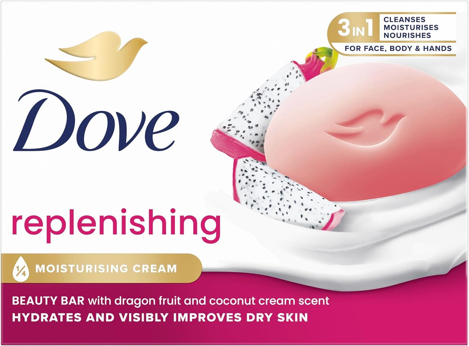 Dove Beauty Bar Savon Dragon Fruit Mains Visage et Corps avec 1/4 Crème Hydratante Testée Dermatologiquement 100% Ingrédients Hydratants d'origine Naturelle 90ml