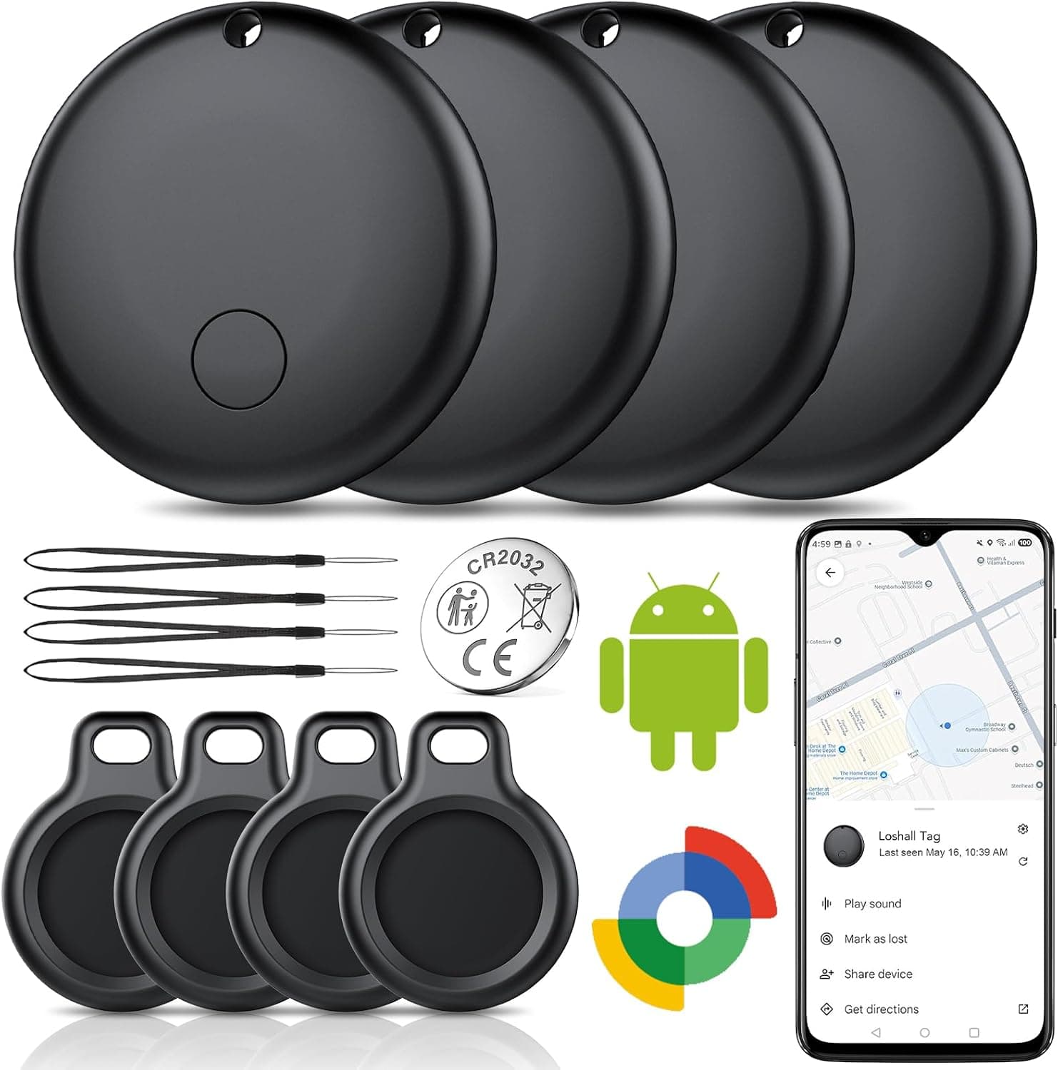 Android Smart Tag, Traceur Lot de 4, Fonctionne avec l’app Google Localiser (Uniquement Android), Équipé d'un Étui de Protection, IP68 Imperméable, pour Les clés/Portefeuilles/Valises, Noir