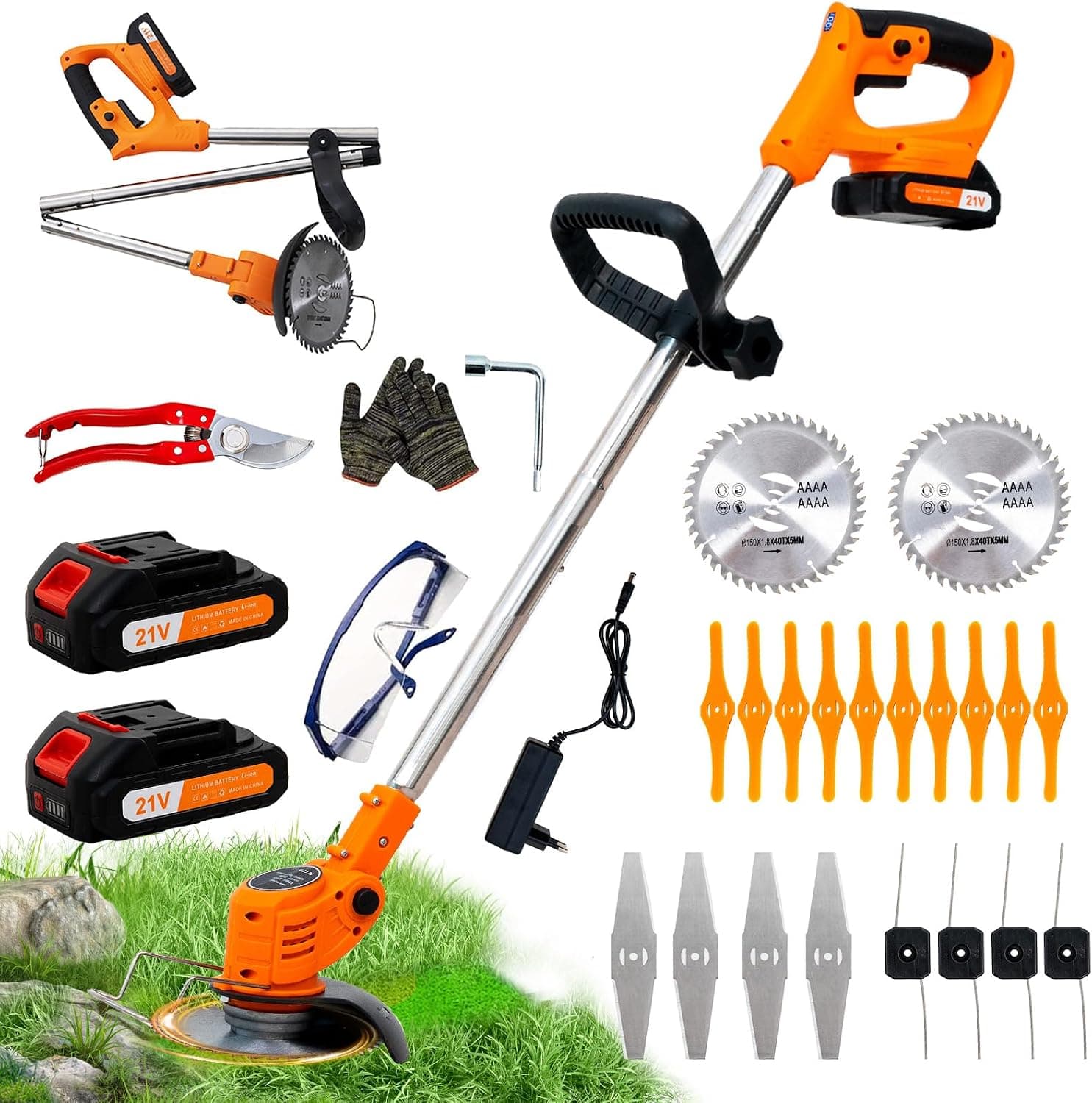 OUTIGO Debroussailleuse Electrique sans Fil, Débroussailleuse à Gazon Pliable avec 2 Batteries et 4 Types de Lames, Triple poignée Pliant, Pelouses et Terres Agricoles