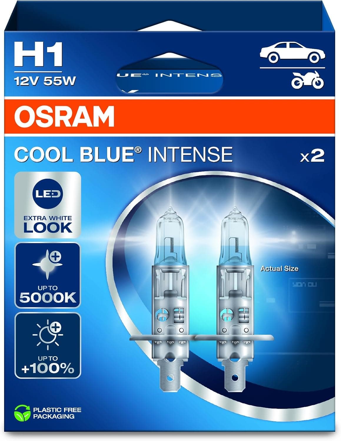 Osram COOL BLUE® INTENSE H1, +100% more brightness, up to 5,000K, halogen headlight lamp, LED look, Hanging folding box (2 lamps)