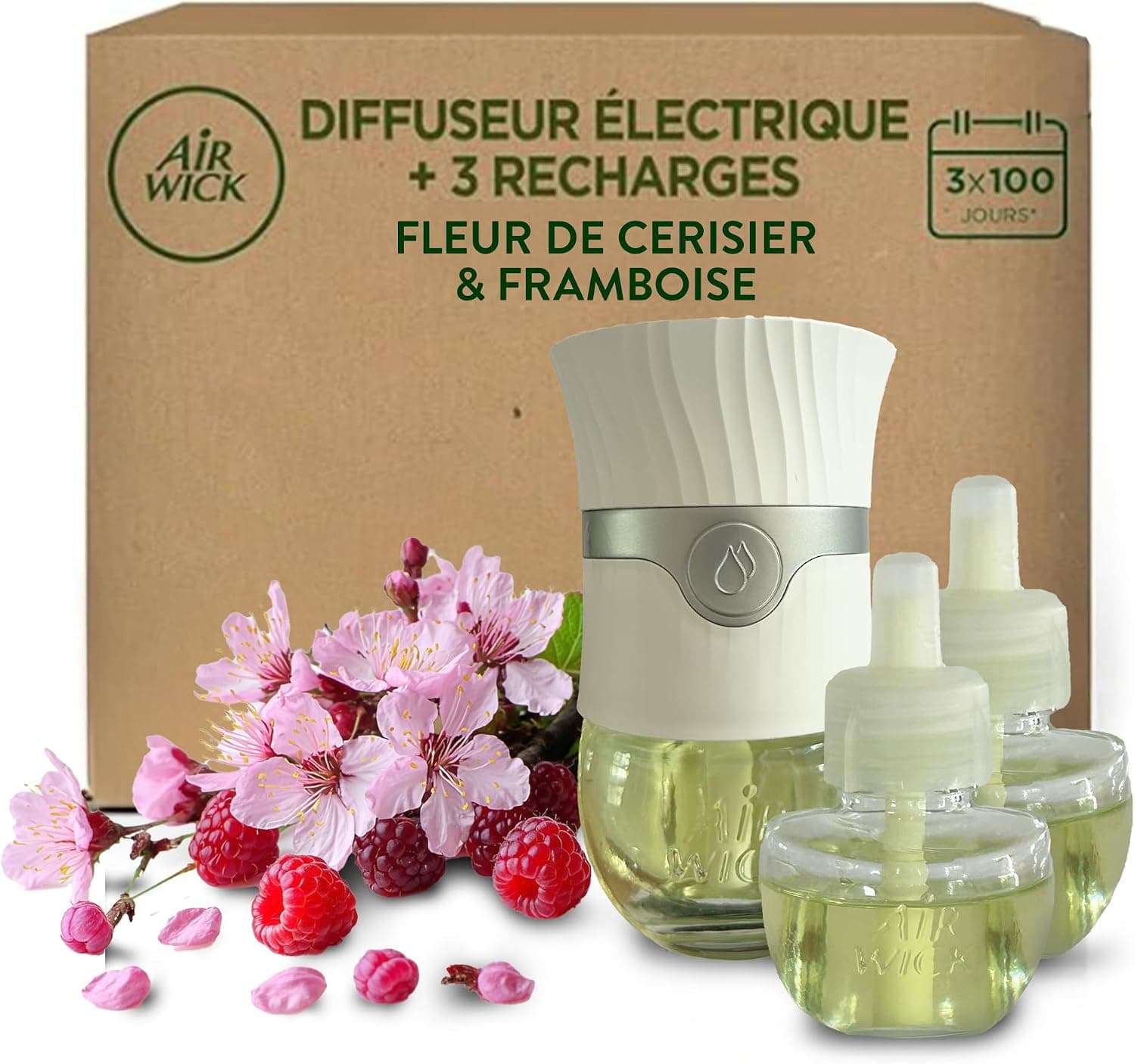 Air Wick Kit Diffuseur électrique + 3 recharges Fleur de Cerisier et Framboise 57mL