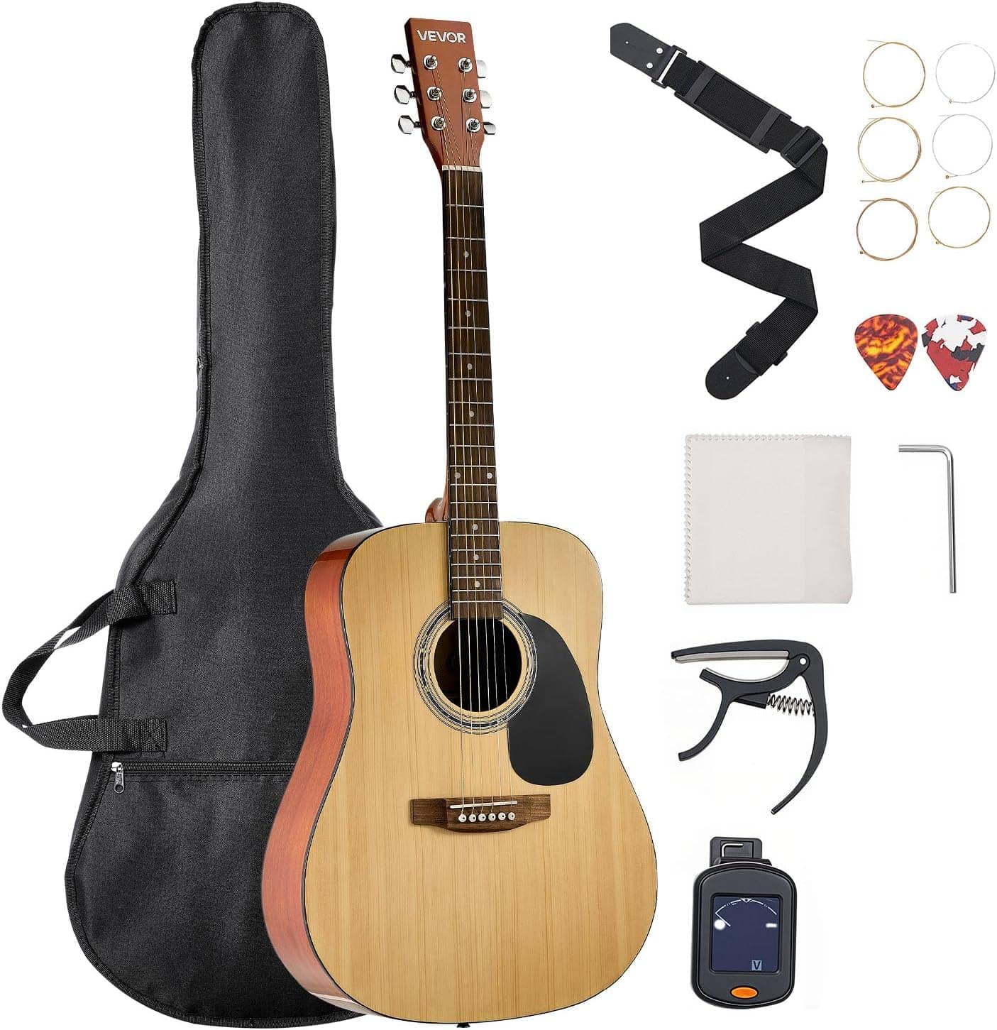 VEVOR Guitare Acoustique Dreadnought 6 Cordes, 103 cm, Table Épicéa Massif, Fond en Acajou, Touche en Palissandre, avec Housse, Accordeur, Sangle, Médiator, Capodastre, pour Adultes, Couleur Naturel