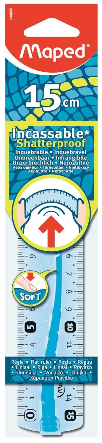 Maped Règle plate INCASSABLE avec bords anti-taches et soft anti-dérapant - Règle plate 15 cm Coloris Bleu
