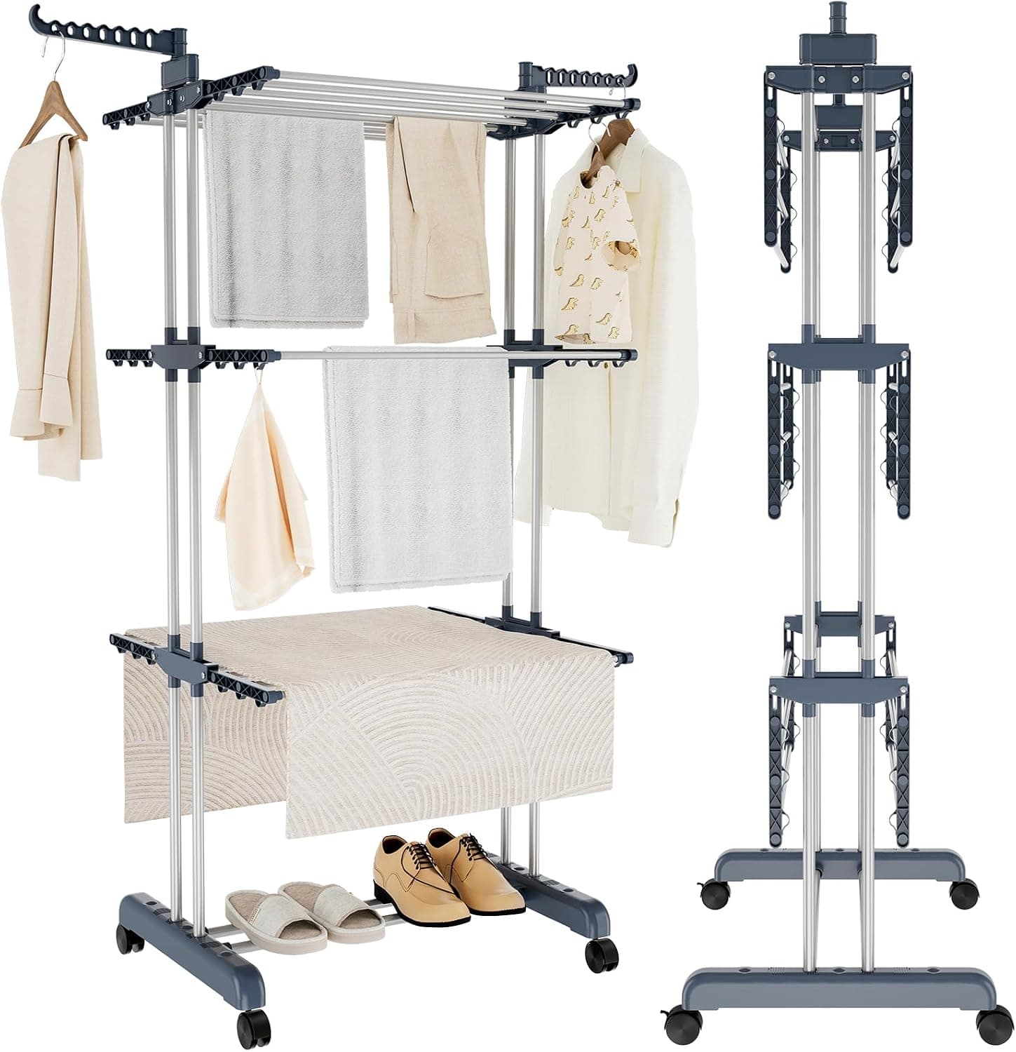 KingSaid Séchoir à Linge à roulettes réglable à 3 Niveaux avec Ailes rabattables Grand séchoir à Linge en Acier Inoxydable avec roulettes Convient pour Une Utilisation à l'extérieur et à l'intérieur