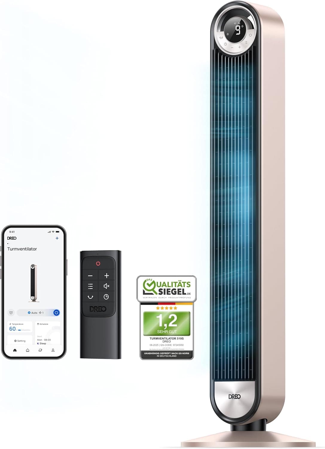 DREO 25 dB Ventilateur de tour silencieux Smart, 106cm de hauteur 4 modes 9-vitesse Max 7,9m/s 12H Timer Ventilateur oscillant à 90° avec télécommande Commande vocale Refroidissement