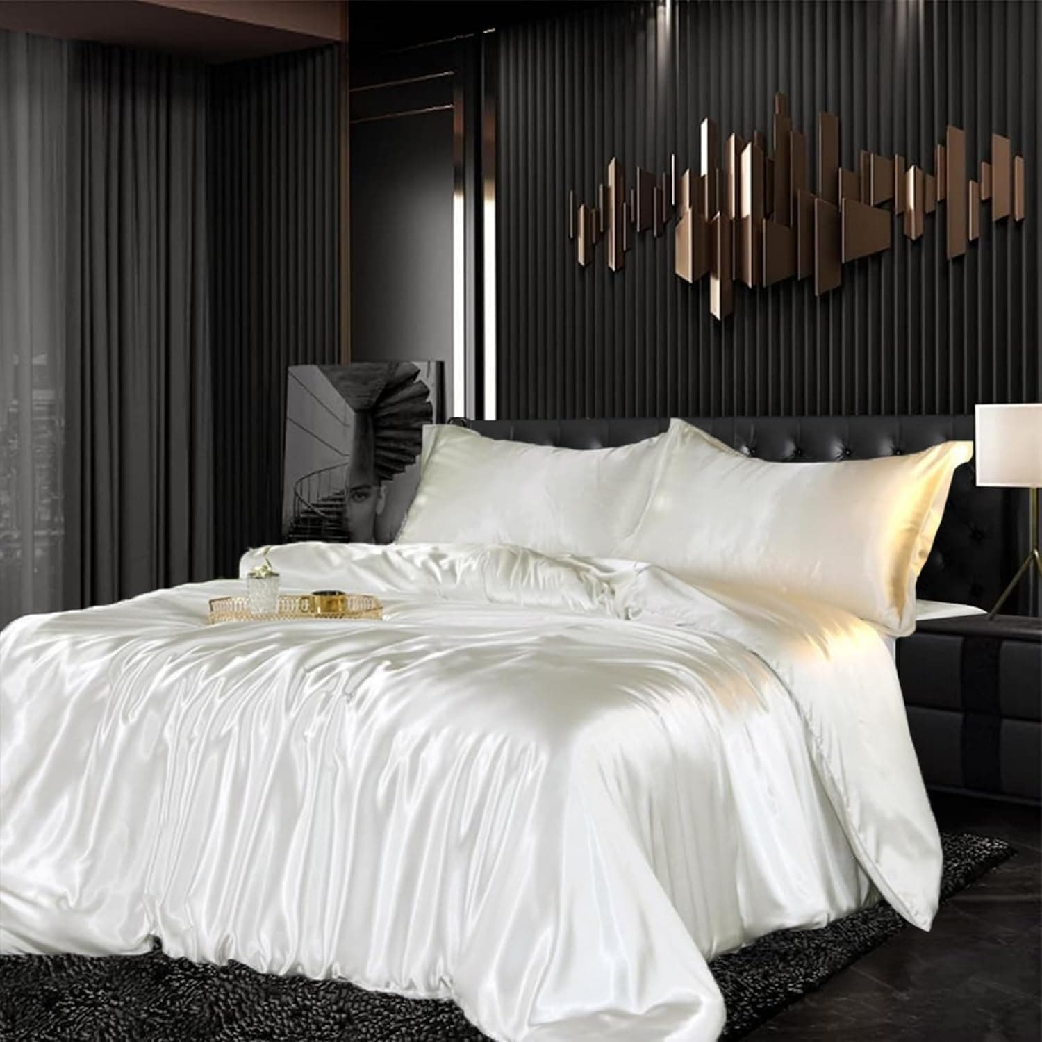 Gezu Parure de lit 3 pièces en satin 155 x 220 cm - Blanc soyeux brillant - Couleur unie - Housse de couette lisse de luxe - Lit double avec fermeture éclair et taies d'oreiller de 80 x 80 cm - Blanc