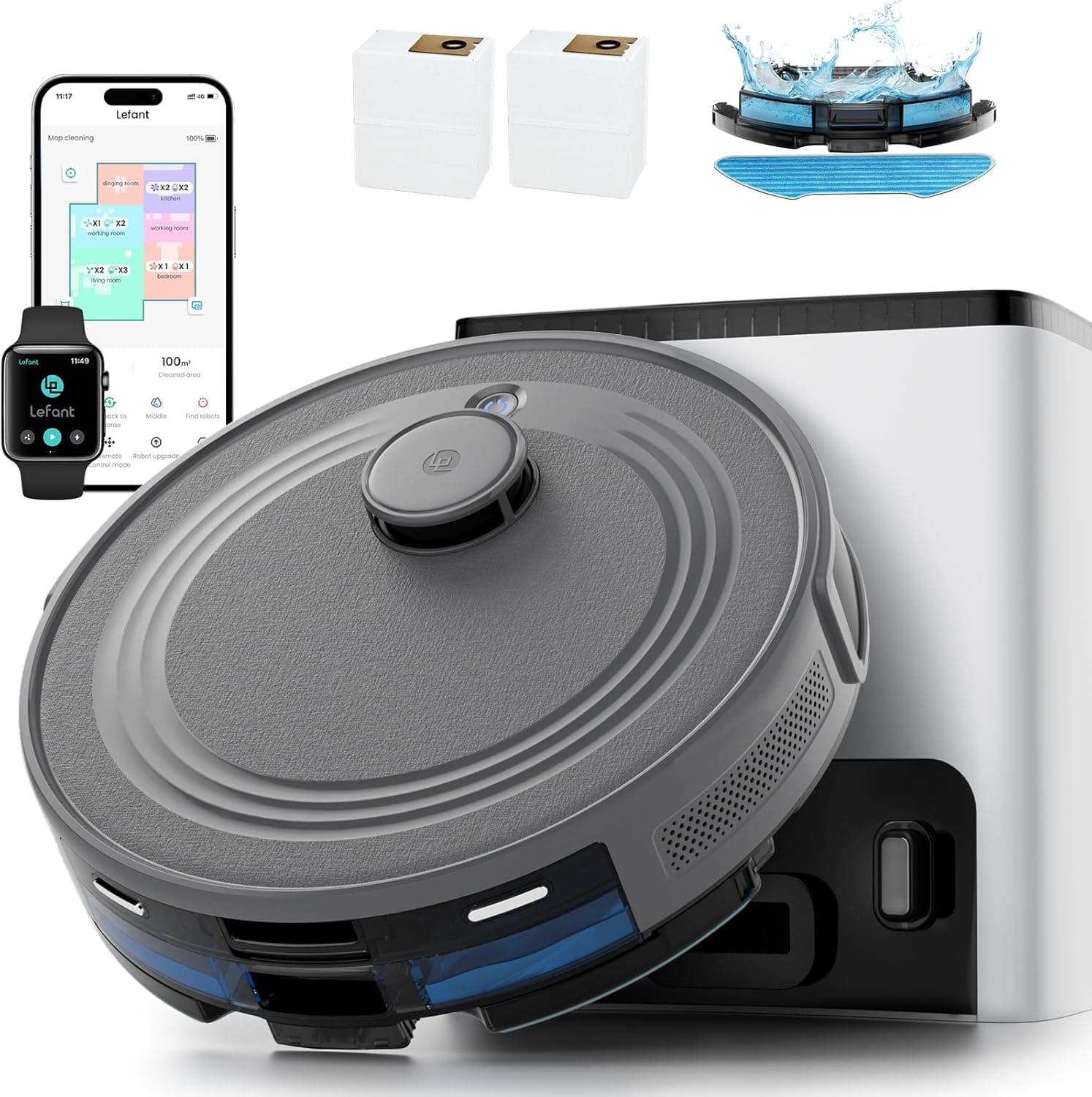 Lefant M2S Plus Aspirateur Robot avec Station, 10000 Pa d'Aspiration, Aspiration Automatique, Évite Obstacles, Auto-Charge Autonomie 240 Min, Poils d’Animaux, Tapis et Sols Durs, Alexa/App/WiFi, Gris