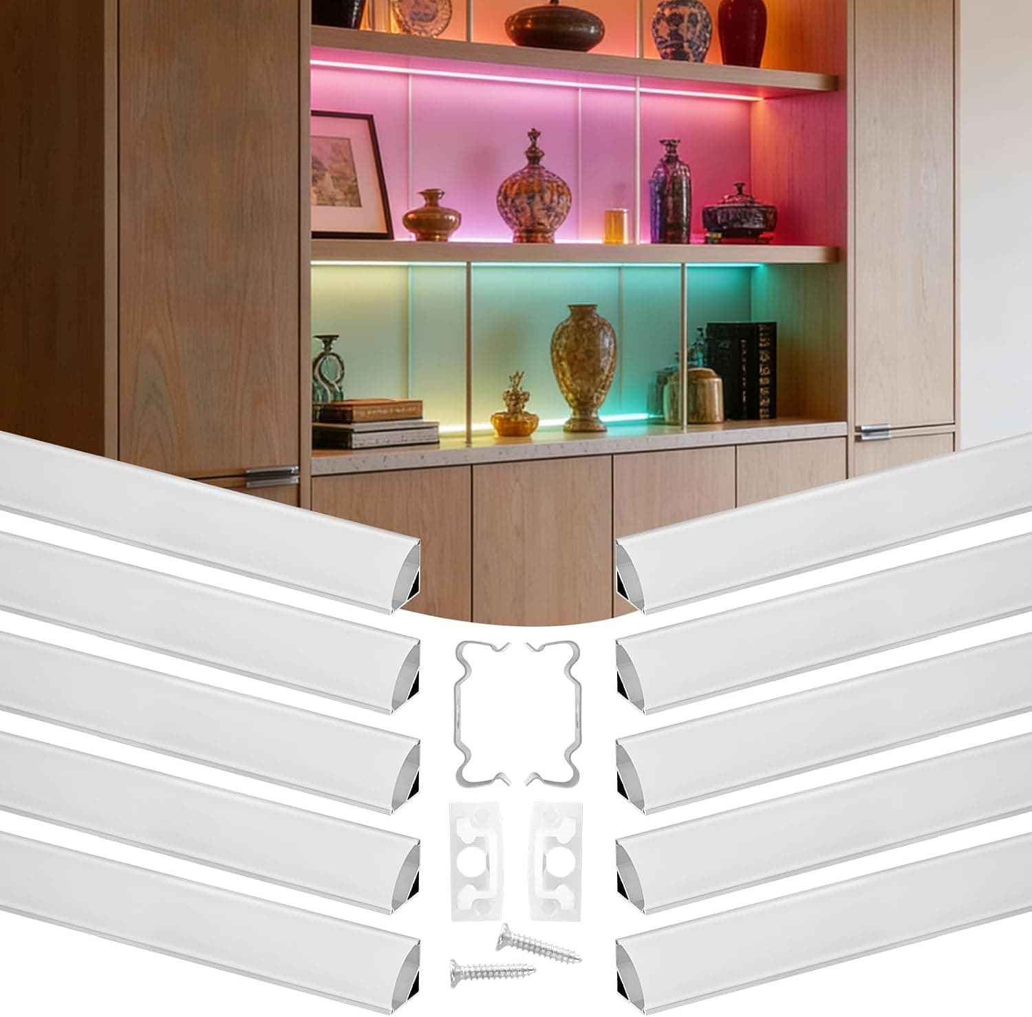 VEVOR Profilé Aluminium LED en V 2 m Lot de 10 Canal LED pour Ruban Lumineux Éclairage sous Meuble Cuisine, avec Diffuseur en PC Blanc Laiteux, Embouts et Clips de Fixation, Aluminium Anodisé Argent