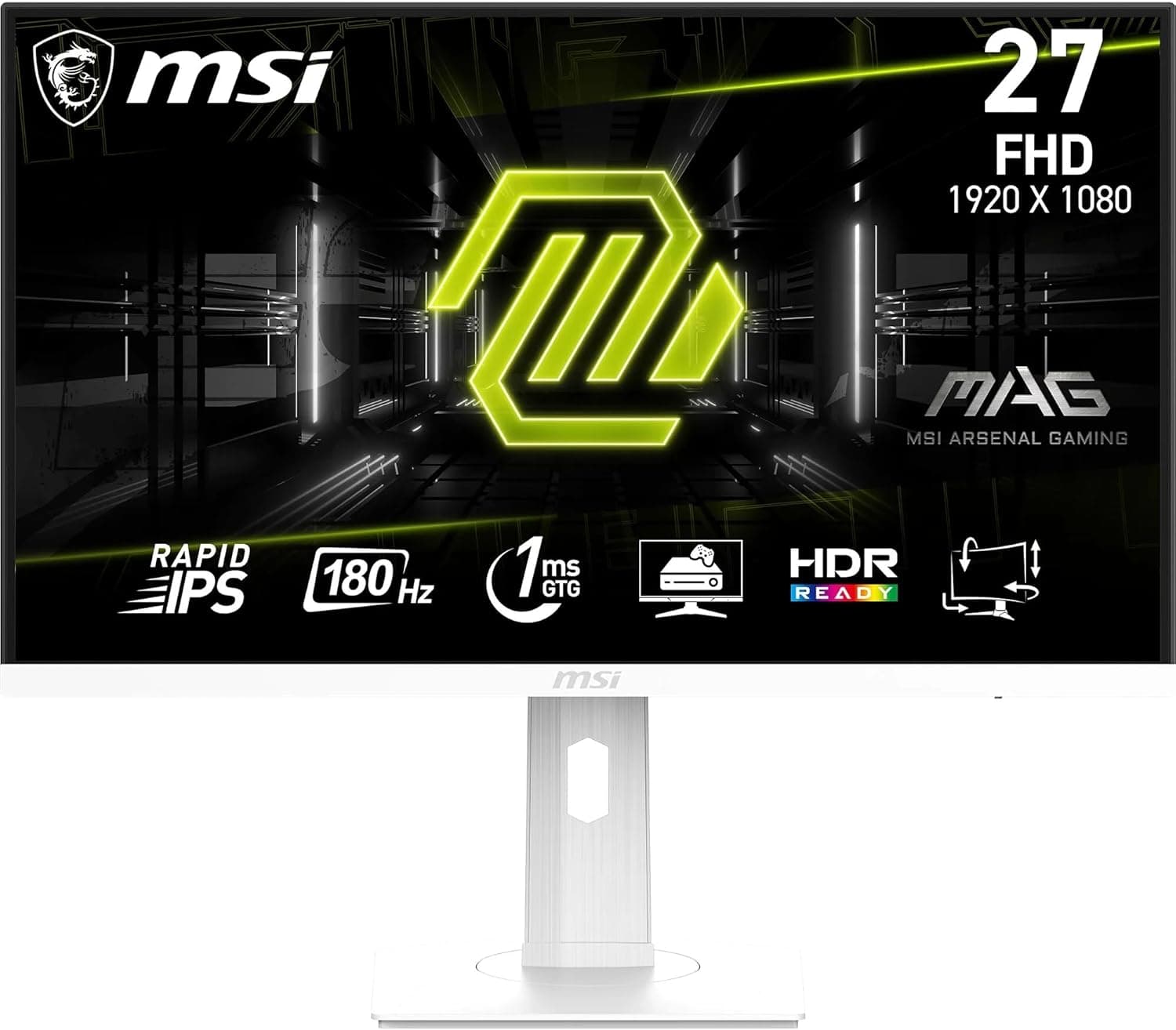 MSI MAG 274PFW Écran Gaming 27'' FHD - Dalle Rapid IPS 1920 x 1080, 180 Hz / 1ms (GtG), 117% sRGB, Design sans Bordure, HDR Ready - DisplayPort 1.2a, HDMI 2.0 (FHD à 180Hz)