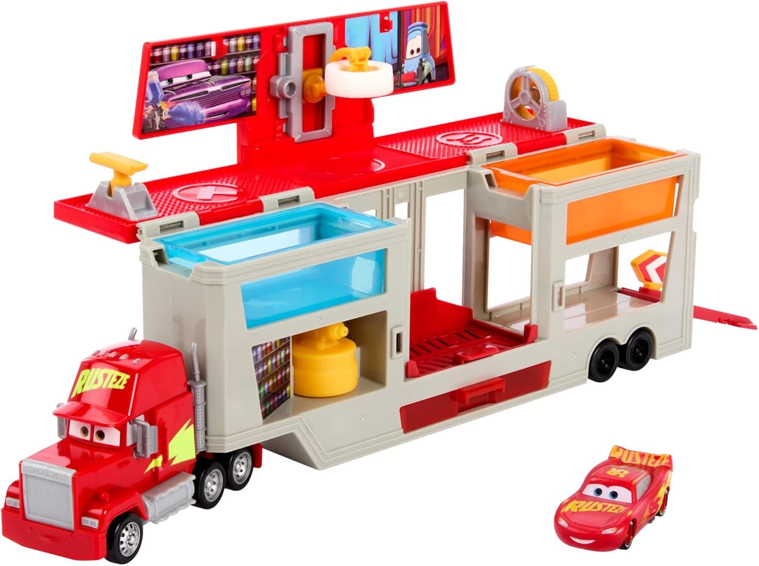 Mattel Disney Pixar Cars Coffret Mack Atelier De Peinture Itinérant Changement De Couleurs, 1 Voiture Flash Mcqueen, 1 Mack Amovible Et Accessoires Inclus, Jouet Enfant, A Partir De 4 Ans, HPD82