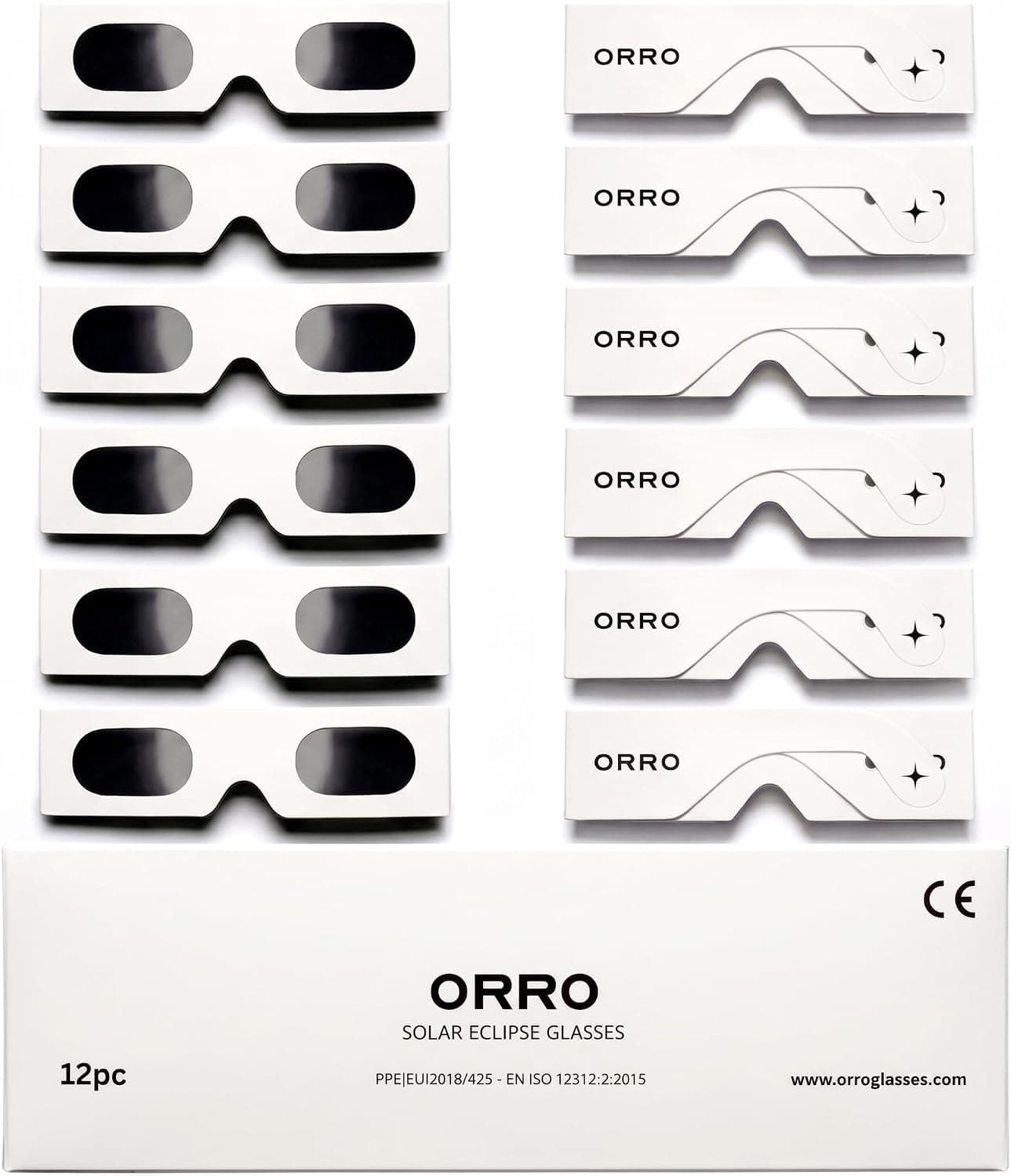 ORRO Lunettes d’éclipse solaire 45 mm, Lot de 2/6/12, S’adaptent par-dessus les lunettes de vue, Protection oculaire certifiée, Testées EN ISO 12312-2:2015, Marquage CE - Coupe Edge