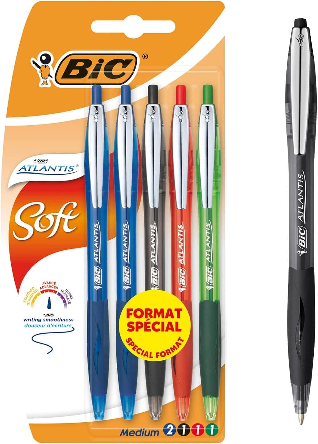BIC Atlantis Soft Stylos-Bille Rétractables Pointe Moyenne (1,0 mm) - Couleurs Assorties, Blister Format Spécial de 5